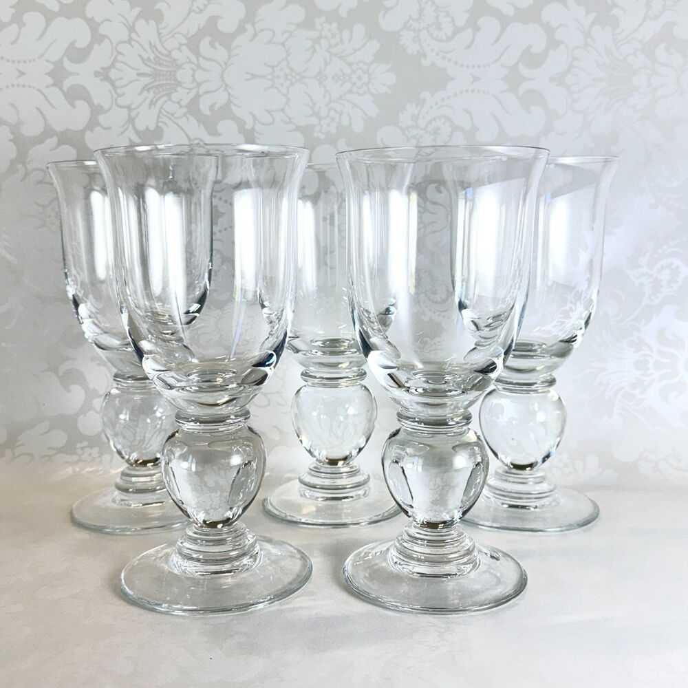 Modernist Crystal Goblets with Oversized Ball Stem 6 3/4" Tall Set of 5